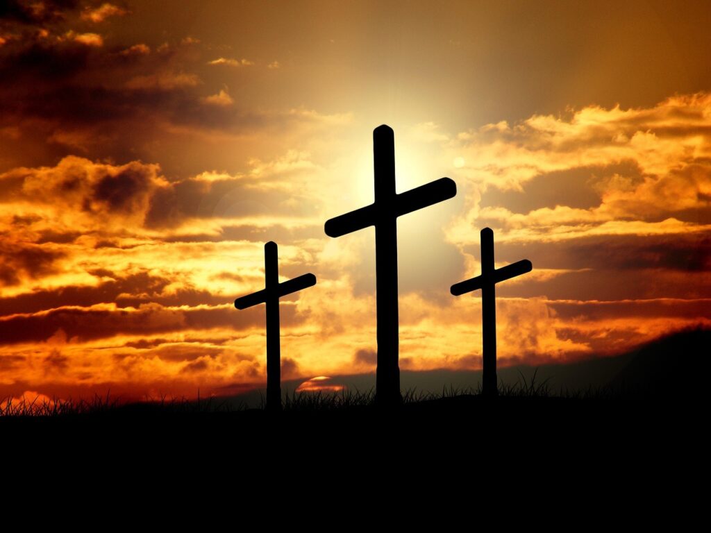 crosses, sunset, silhouettes, dusk, dawn, twilight, clouds, sky, sunrise, hill, nature, crucifixion, resurrection, christianity, christ, faith, god, jesus, easter, religion